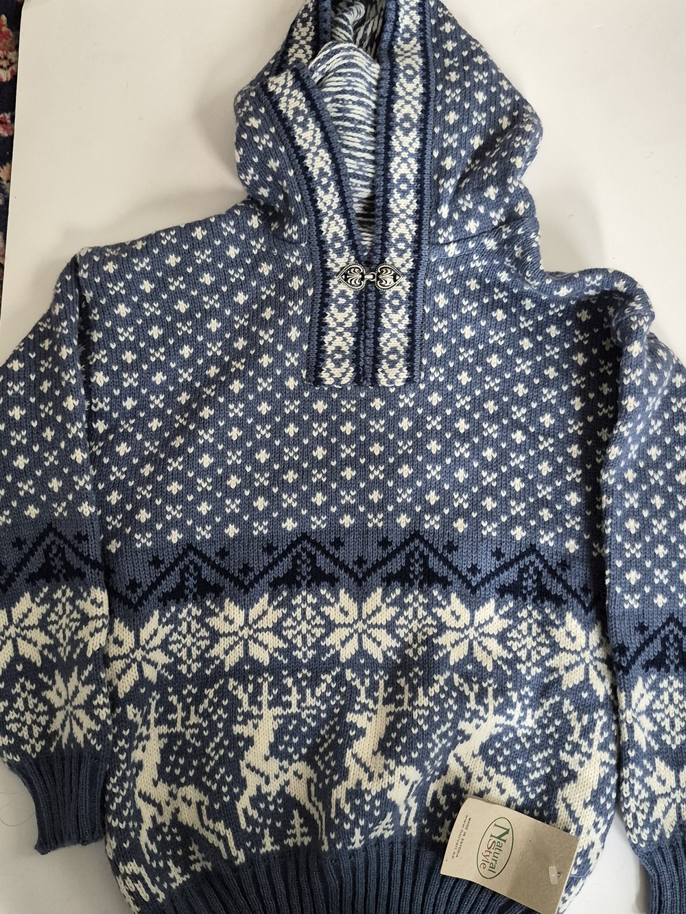 Blue 100% Wool Nordic Hooded Kid's Sweater Natural Style Made Estonia NWT